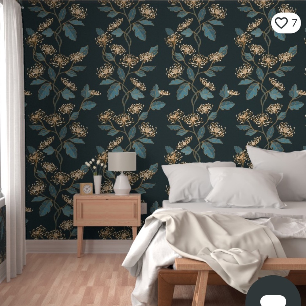 Elegant Peel and Stick Floral Chrysanthemum Spoonflower Wallpaper by Cecilia Mok